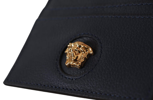 Versace Blue Calf Leather Card Holder Wallet
